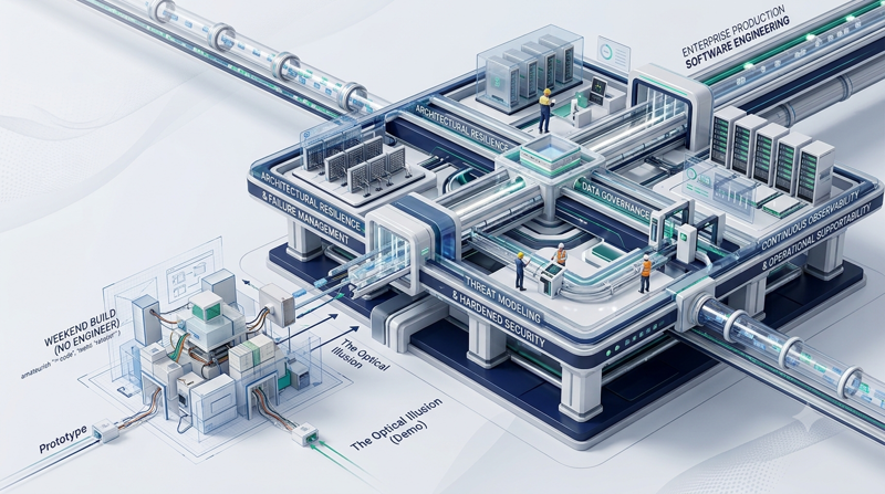 Software engineer reviewing architecture diagrams to turn an AI-generated prototype into a production-ready enterprise system