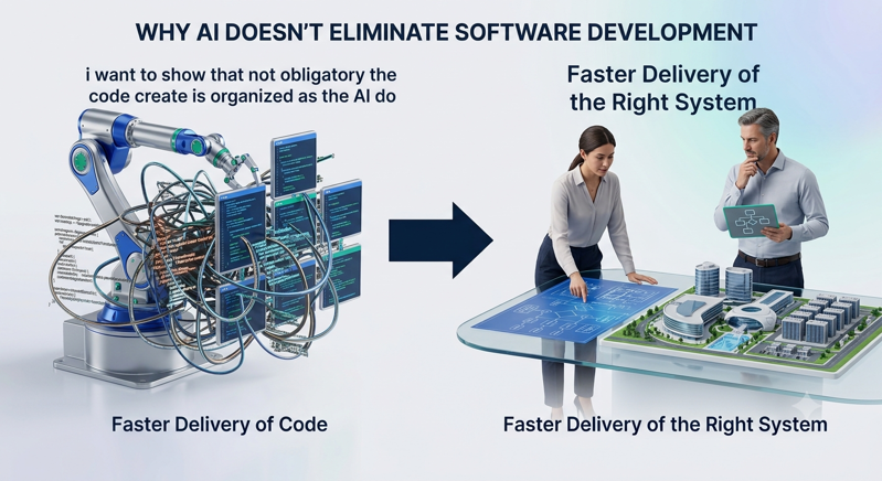 A software architect reviewing system architecture diagrams next to a screen showing AI-generated code, representing human oversight of AI-assisted development.