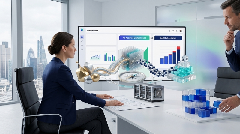 Executive comparing AI-assisted custom software development to off-the-shelf SaaS ROI on a dashboard