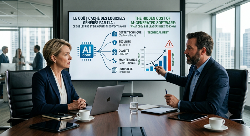 Business executives analyzing AI-generated software costs and governance strategy